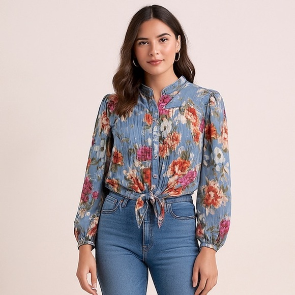 RACHEL Rachel Roy Floral Blouse - Blue and Multicolor Tie Blouse Size L - Picture 1 of 15